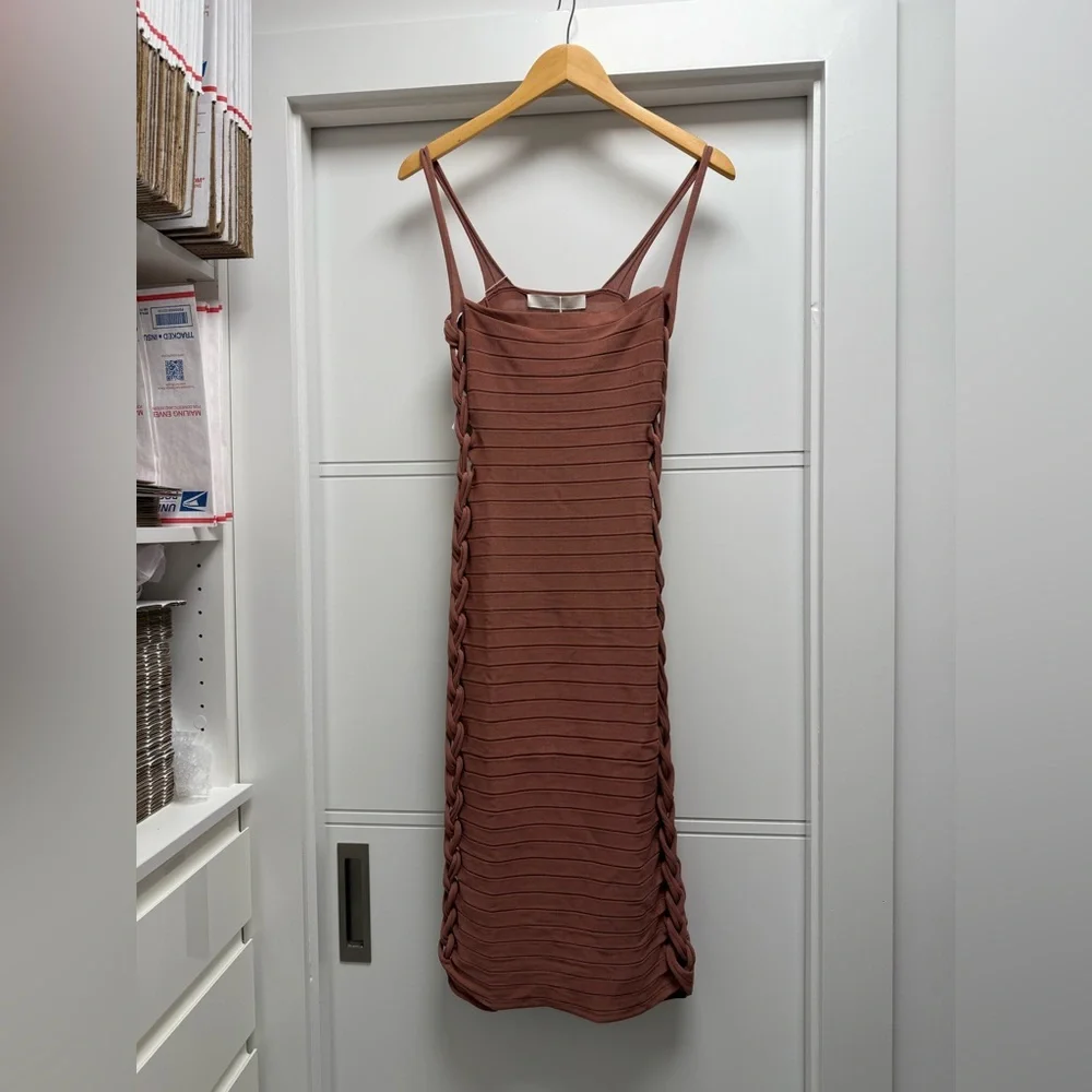 DION LEE Knit Mirror Braid Strap MIDI Dress in Soft Brick - Picture 3 of 6
